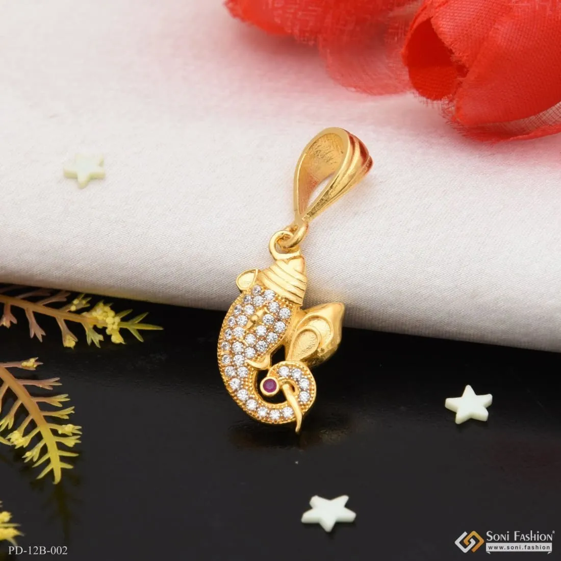 1 Gram Gold Forming Ganpati With Diamond Glittering Design Pendant - Style B002