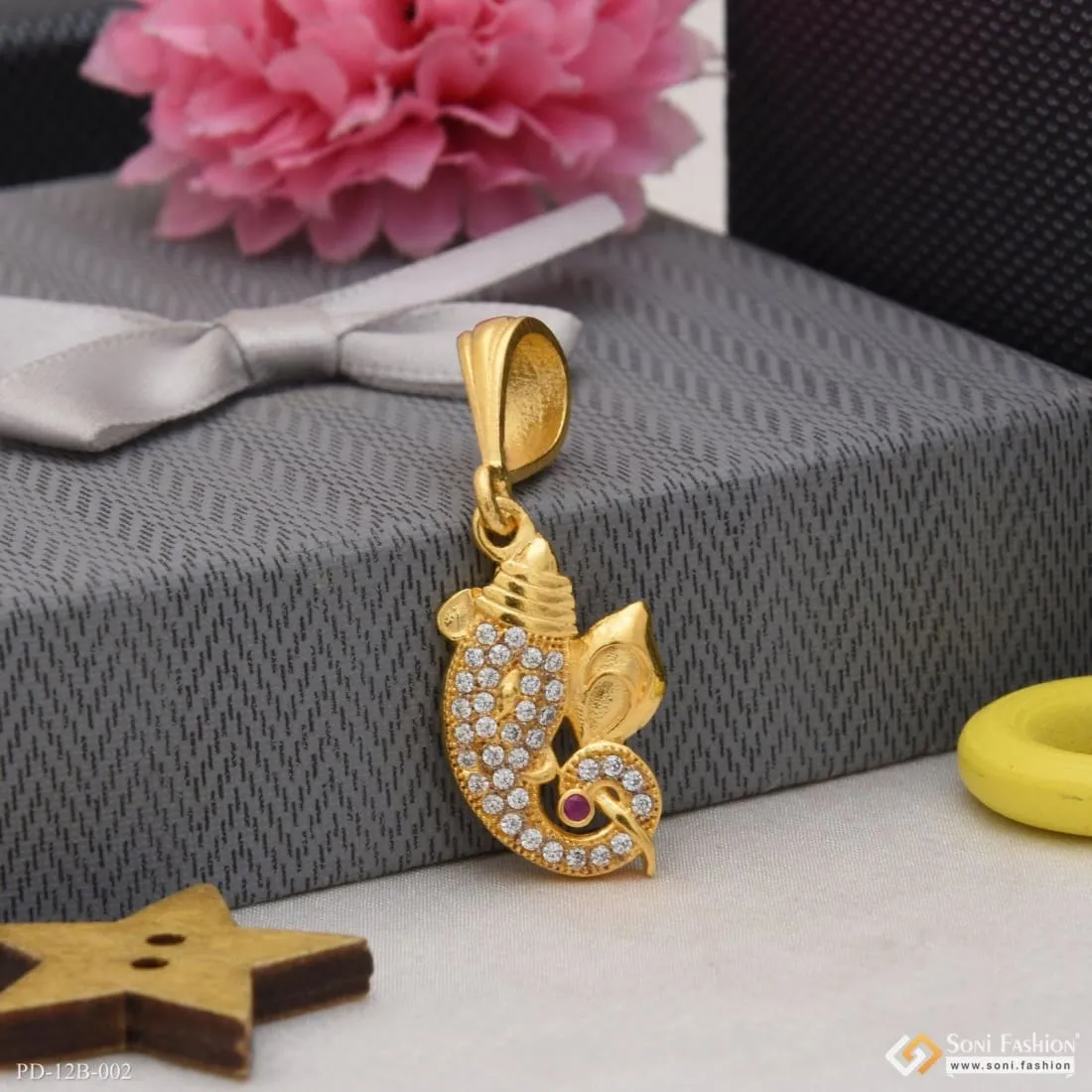 1 Gram Gold Forming Ganpati With Diamond Glittering Design Pendant - Style B002