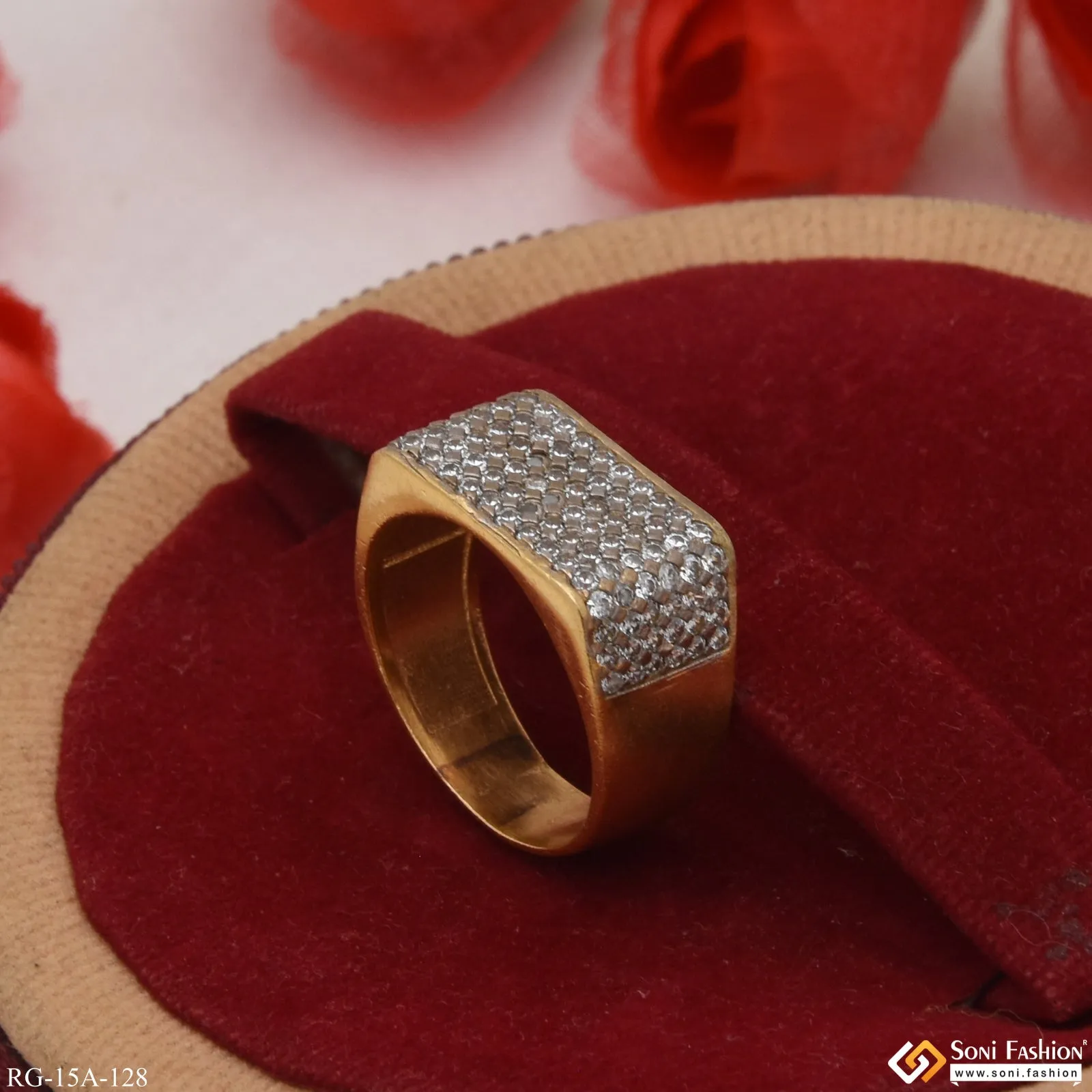 1 Gram Gold Forming Glittering Design with Diamond Gold Plated Ring - Style A128