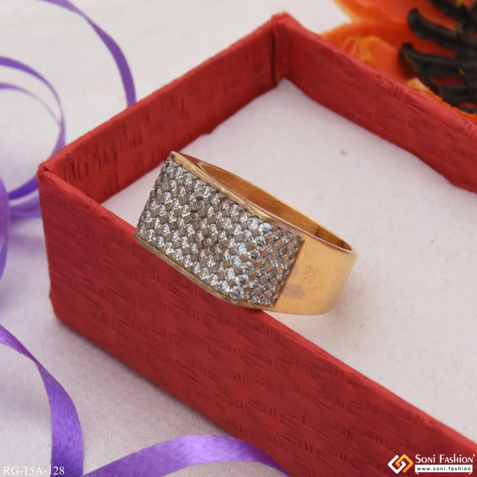 1 Gram Gold Forming Glittering Design with Diamond Gold Plated Ring - Style A128