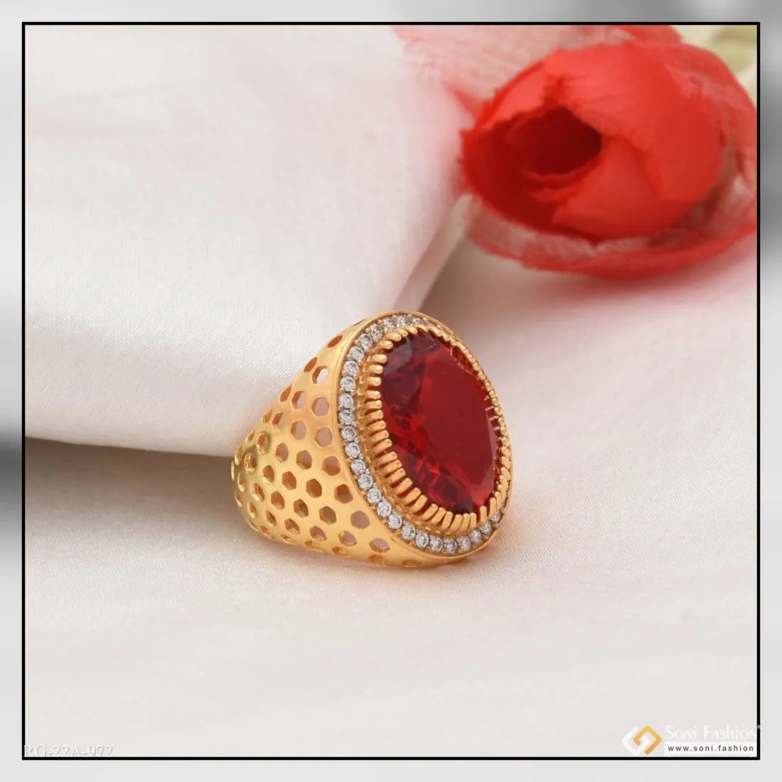 1 Gram Gold Forming Red Stone With Diamond Glittering Design Ring - Style A972