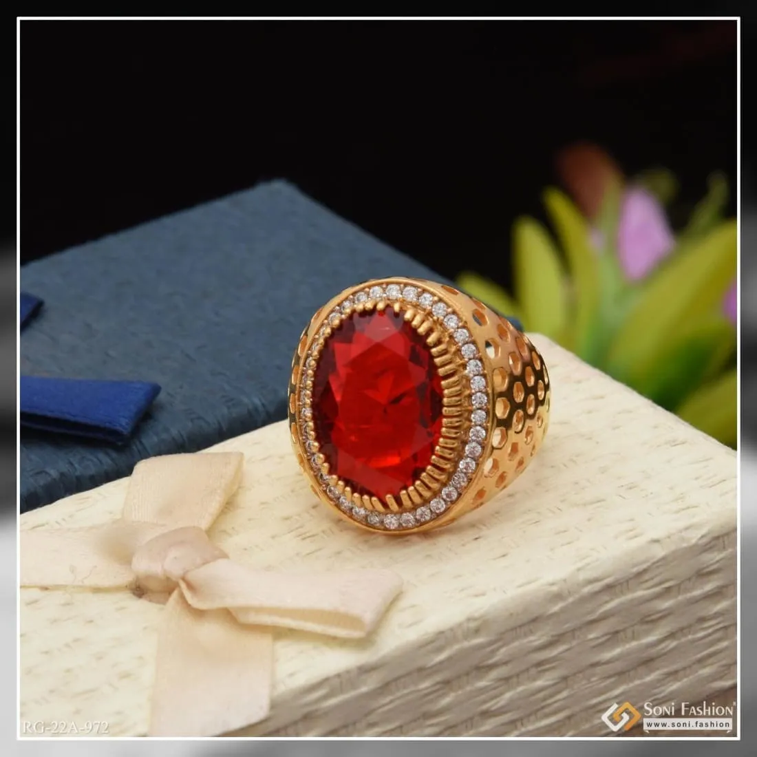 1 Gram Gold Forming Red Stone With Diamond Glittering Design Ring - Style A972