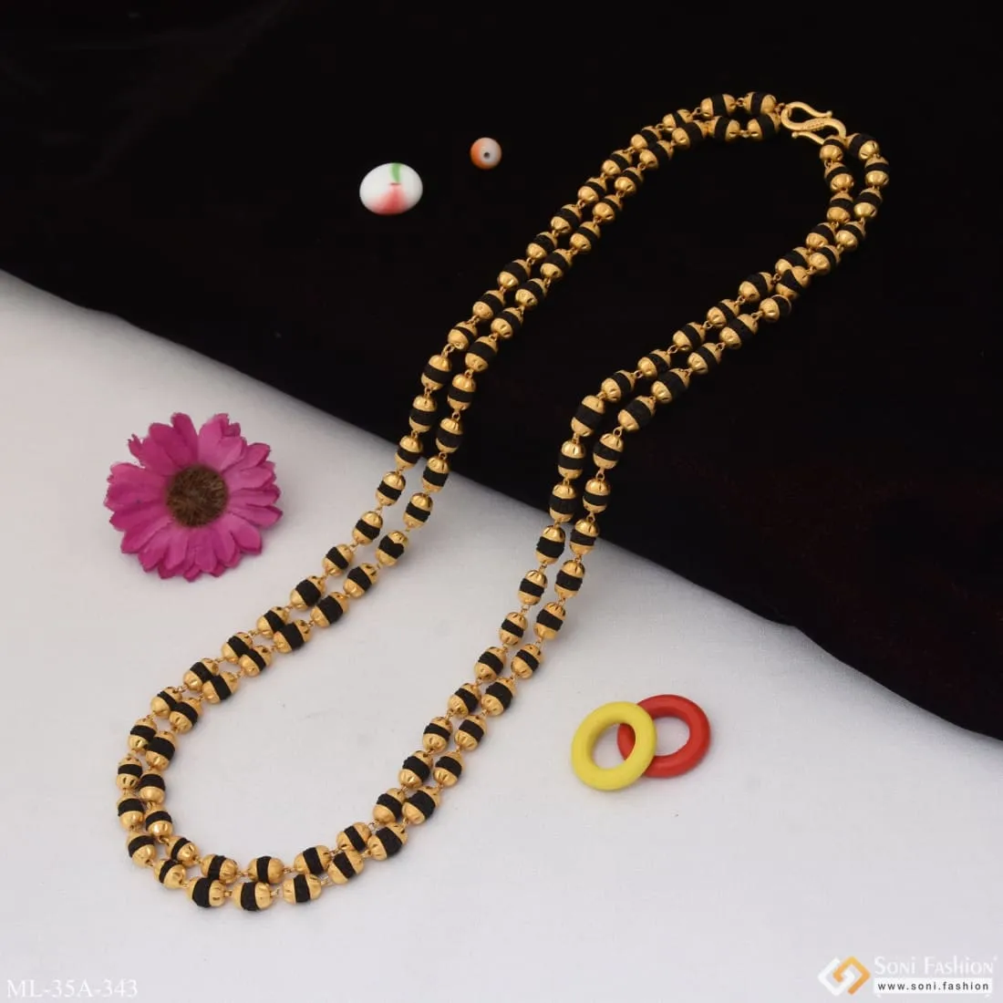 1 Gram Gold Plated 2 Line Glittering Design Rudraksha Mala For Men - Style A343