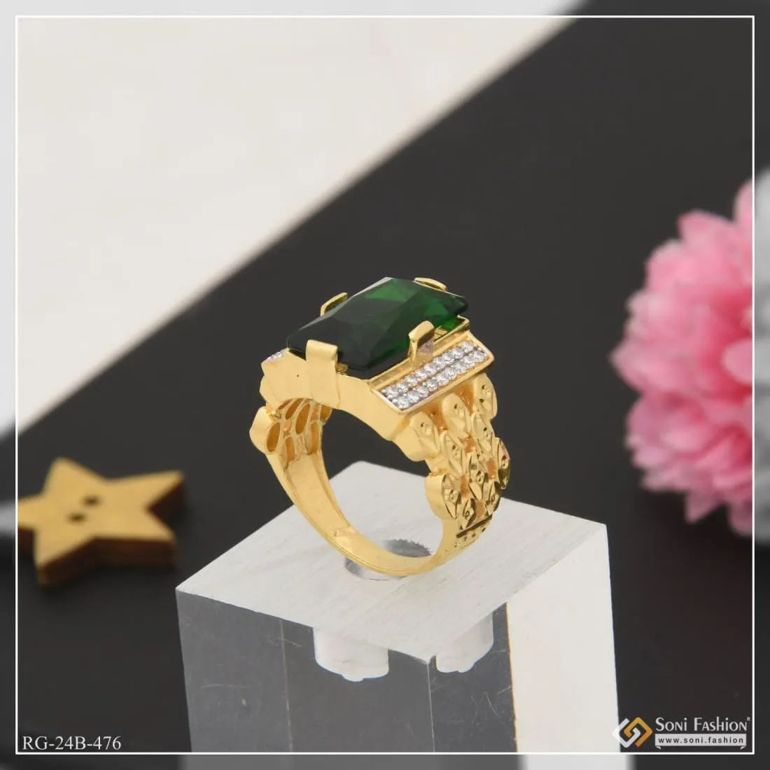 1 Gram Gold Plated Green Stone Attention-getting Design Ring For Men - Style B476