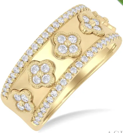 14K Yellow Gold Diamond Clover Band Fashion Ring, 0.60Carat TW