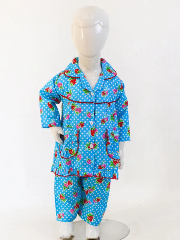 1Yrs - 5Yrs Blue Strawberry Full Sleeves Cotton Night Suit For Girls NG GNS05