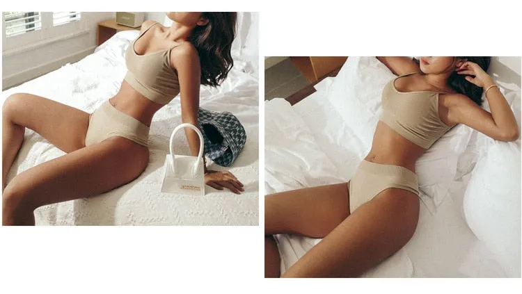 2 Piece Cotton Mix Underwear Short Ribbed Brassiere Thong Low Waist Panties Women Seamless Bra Lingerie Set