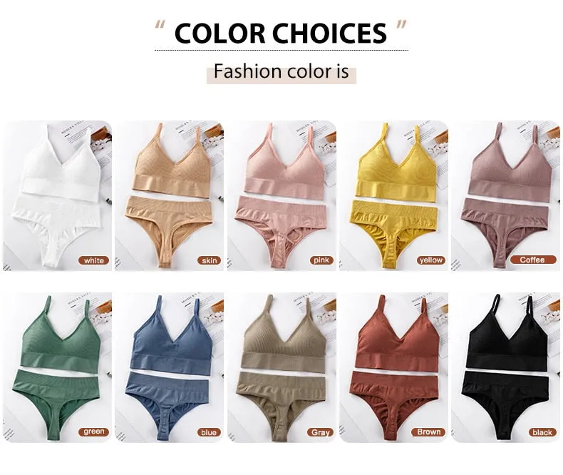 2 Piece Cotton Mix Underwear Short Ribbed Brassiere Thong Low Waist Panties Women Seamless Bra Lingerie Set