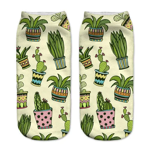 3D Plantlife cactus Women Creative Printed Socks Female Pug Chicken Funny Socks Burger Multicolor Fruit Socks Girl Graffiti