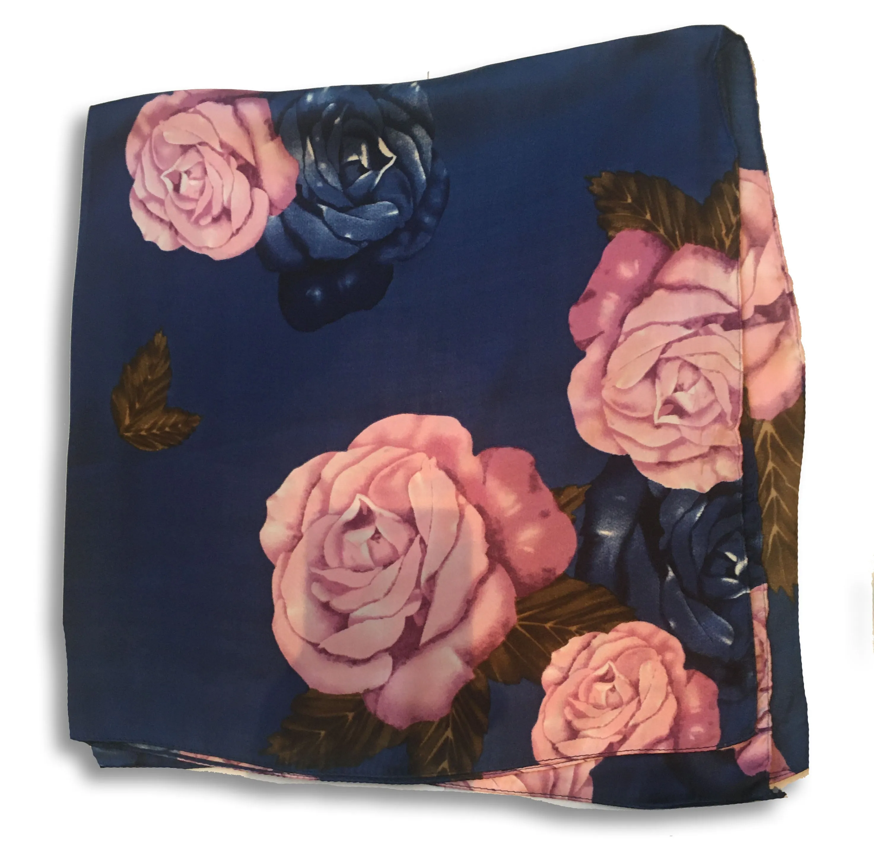 70cm x 70cm Square Scarf Navy Pink Rose Pattern Print Thin Silky Womens Summer Spring