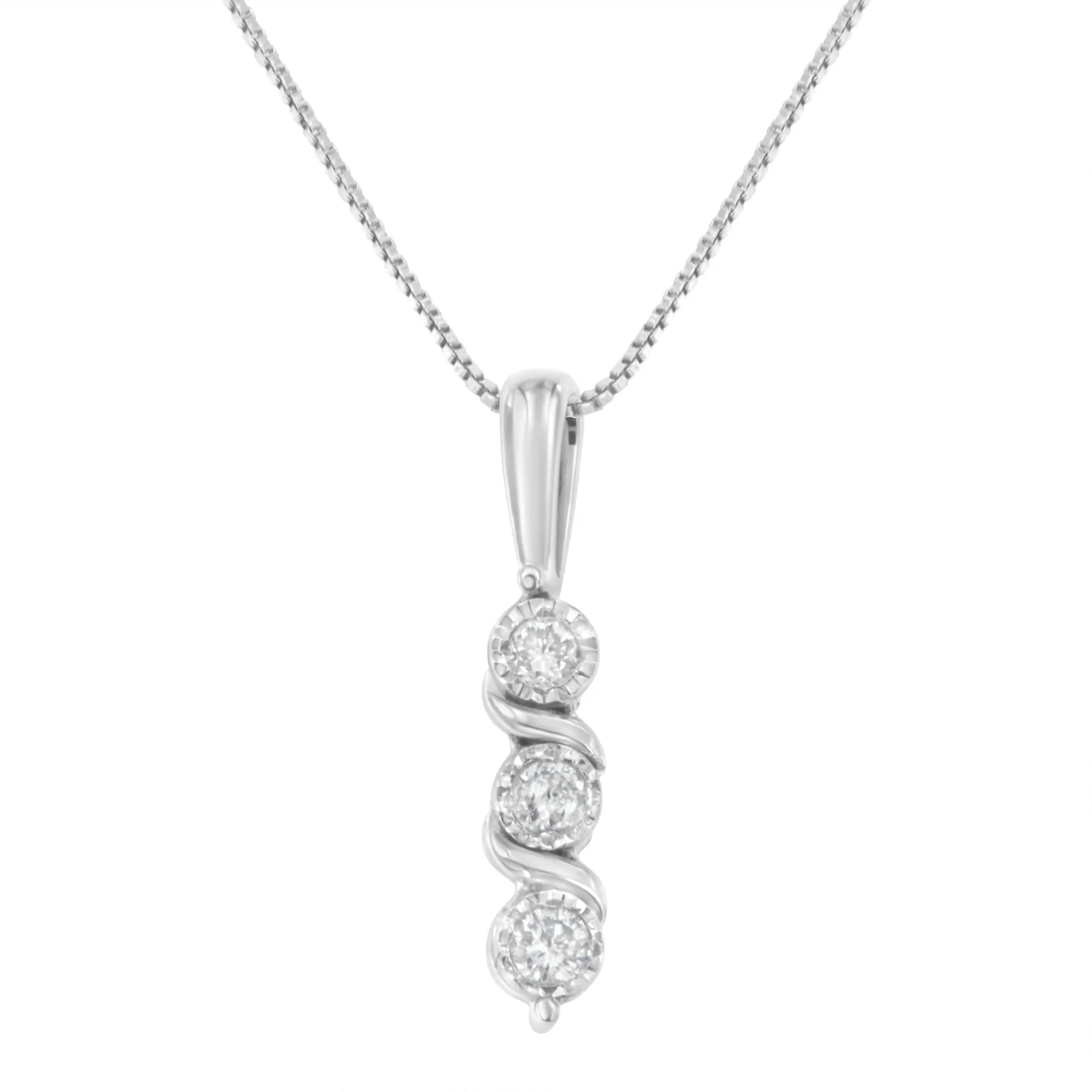 .925 Sterling Silver 1/10 cttw Miracle-Set Round Cut Diamond Three Stone Drop Pendant 18" Necklace (H-I color, I1-I2 clarity)