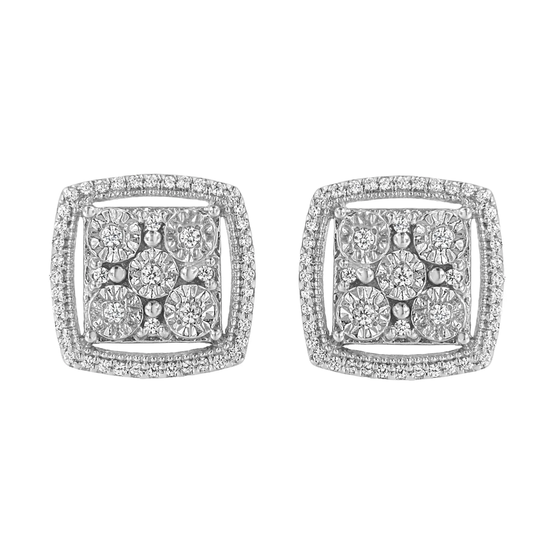 .925 Sterling Silver 3/8 Cttw Miracle Set Round Diamond Double Halo Cluster Earrings (I-J Color, I2-I3 Clarity)