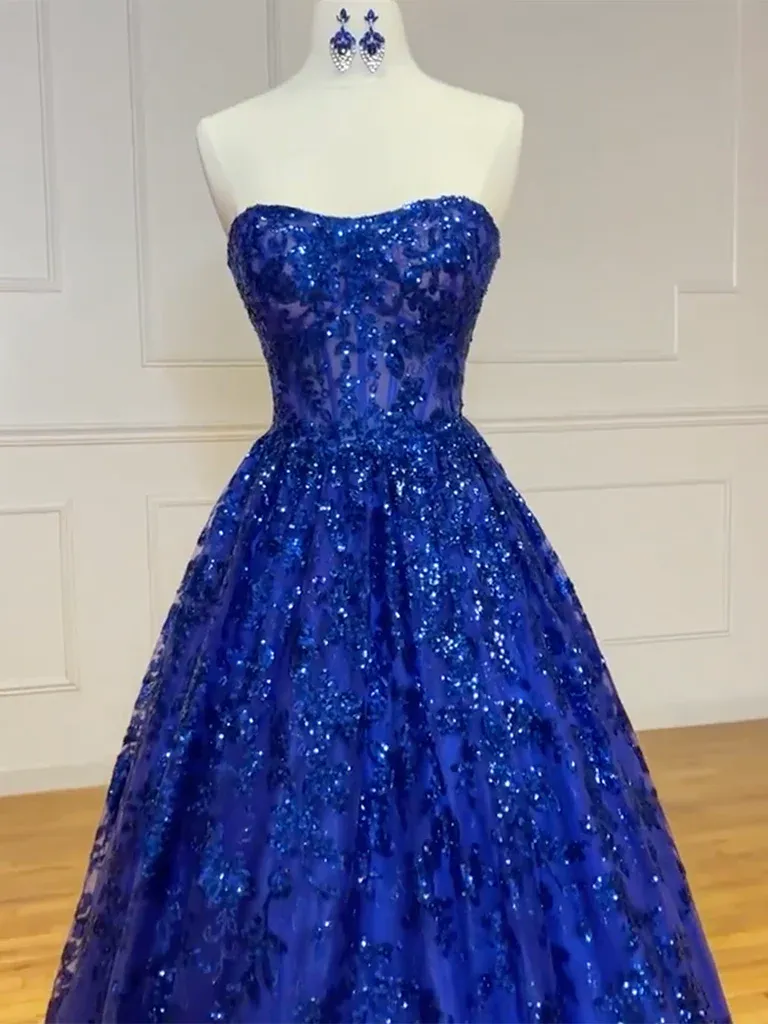 A-Line Sweetheart Neck Tulle Sequin Blue Long Prom Dress, Blue Long Formal Dress      fg4925