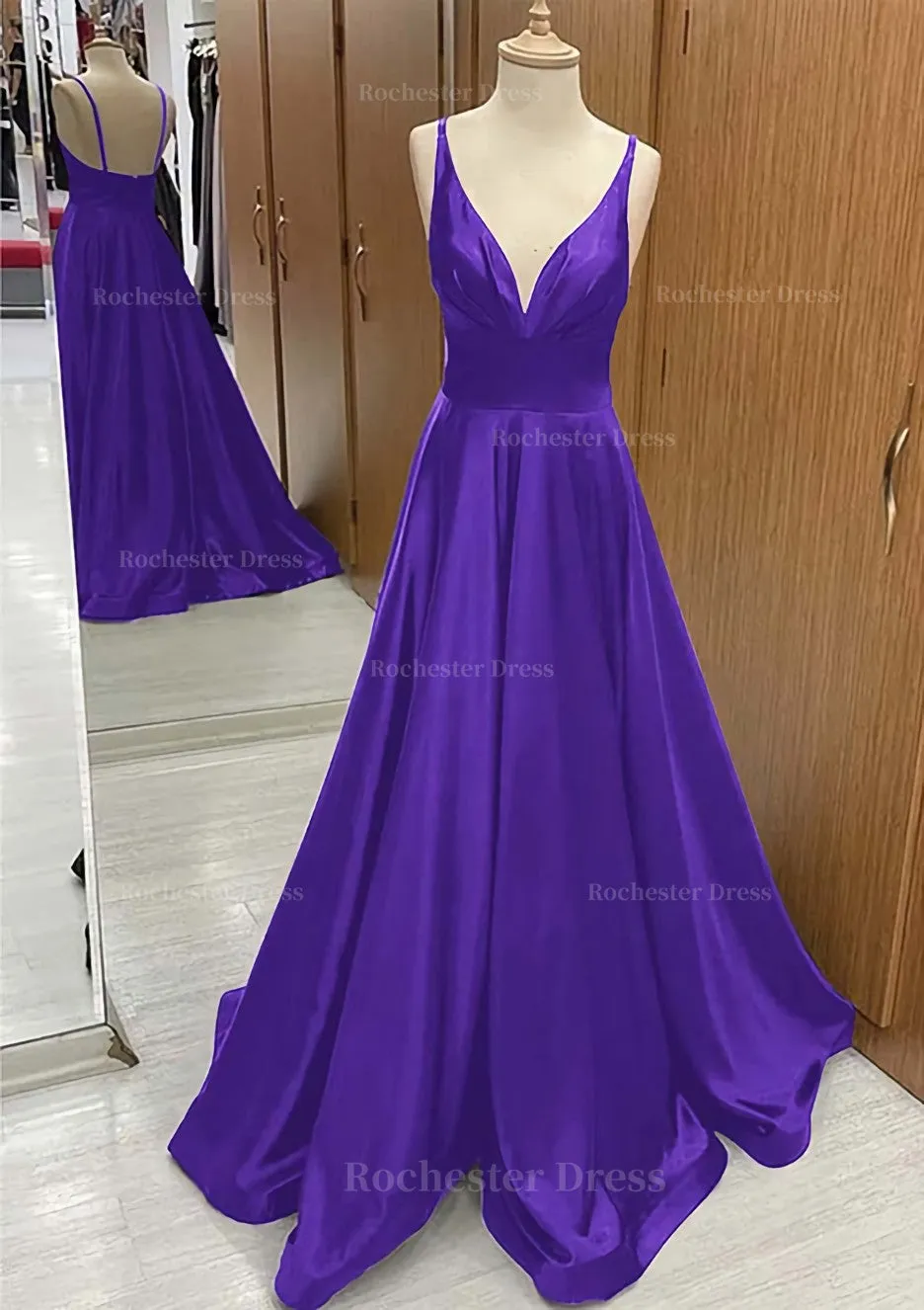 A-line V Neck Sweep Train Satin Prom Dress With Pleated