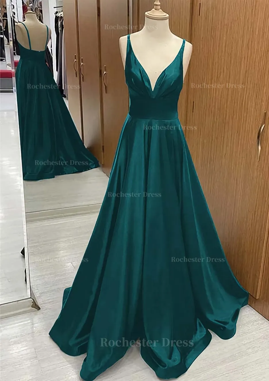 A-line V Neck Sweep Train Satin Prom Dress With Pleated