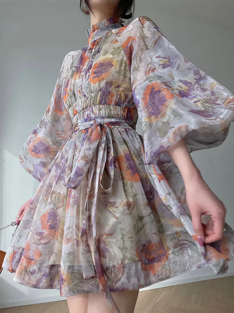 Aconiconi｜retro French print lantern sleeve short summer dress - Hanashima