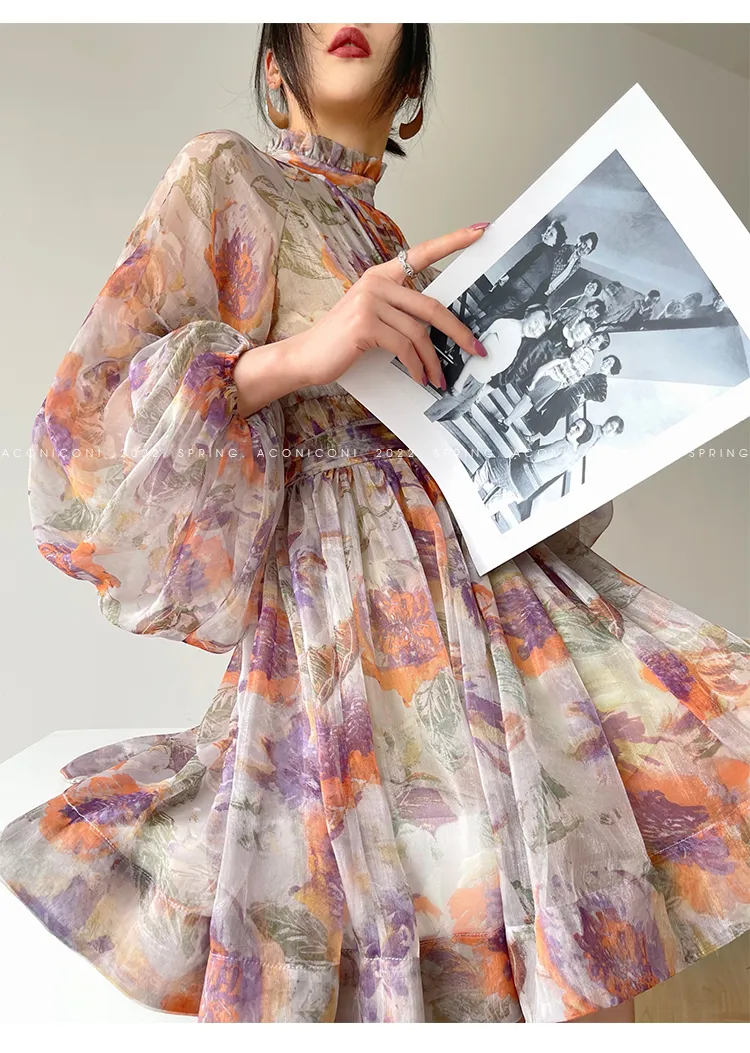 Aconiconi｜retro French print lantern sleeve short summer dress - Hanashima