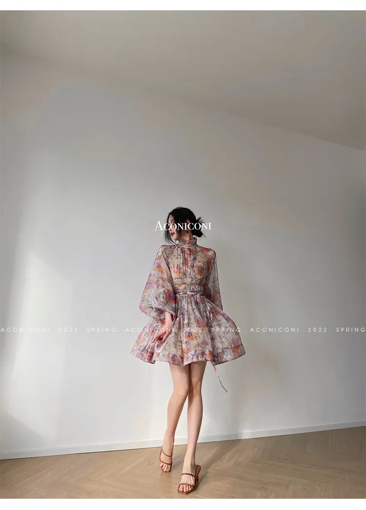 Aconiconi｜retro French print lantern sleeve short summer dress - Hanashima