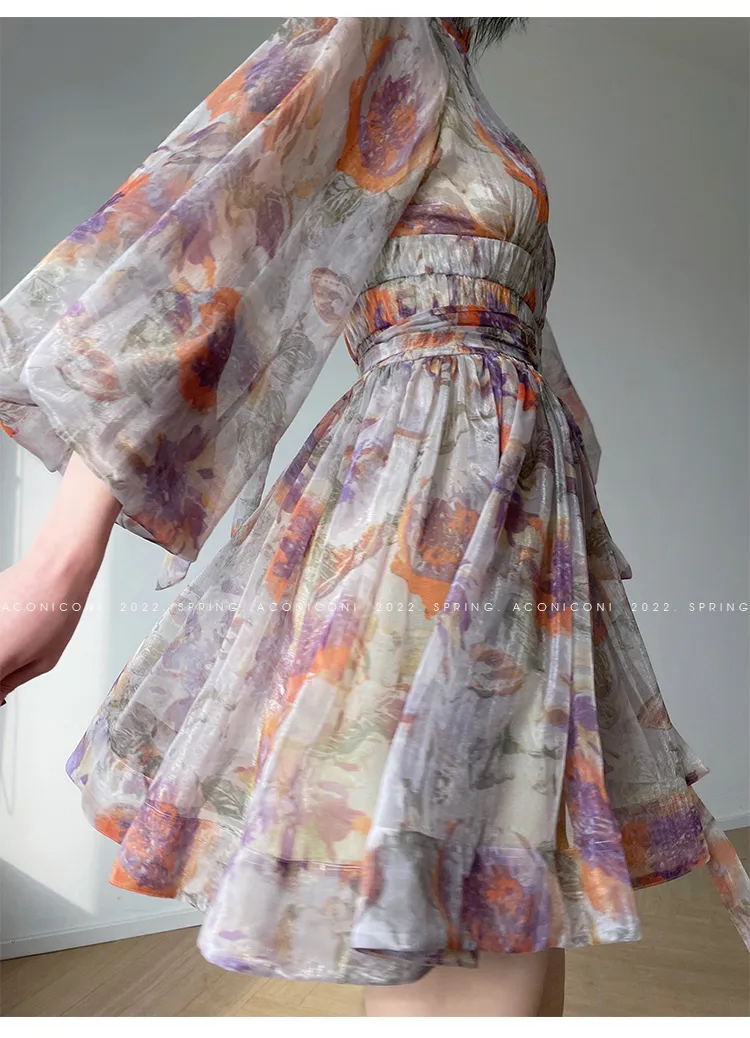 Aconiconi｜retro French print lantern sleeve short summer dress - Hanashima