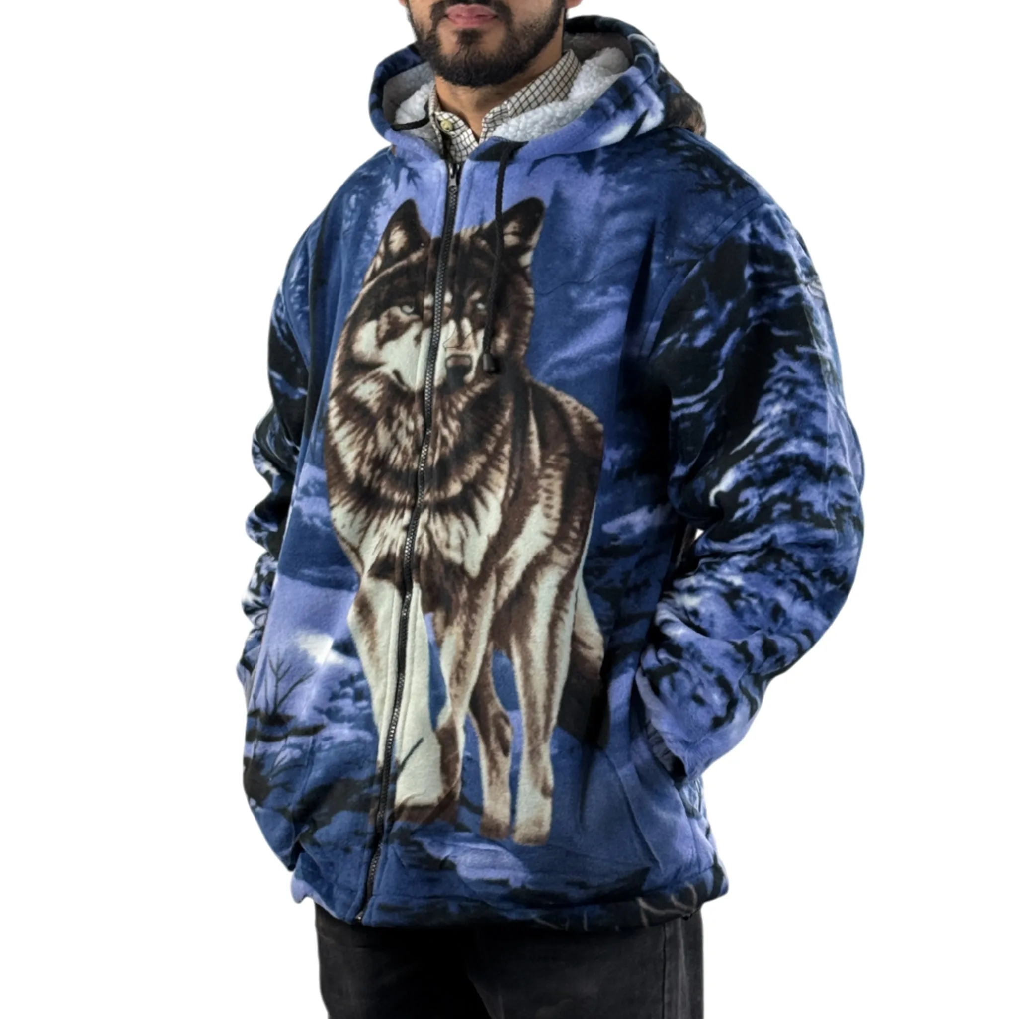 Adults Wolf Dog Cat Animal Print Sherpa Fleece Jacket