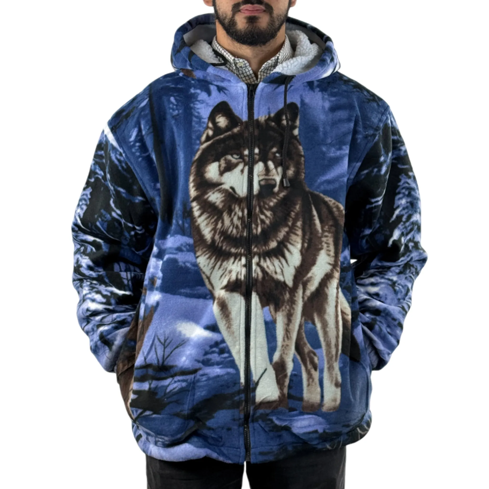 Adults Wolf Dog Cat Animal Print Sherpa Fleece Jacket