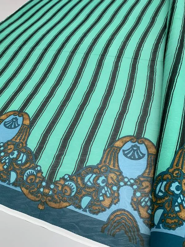 Anna Sui Striped Border Pattern Printed Silk Chiffon - Ocean Green / Black / Blue