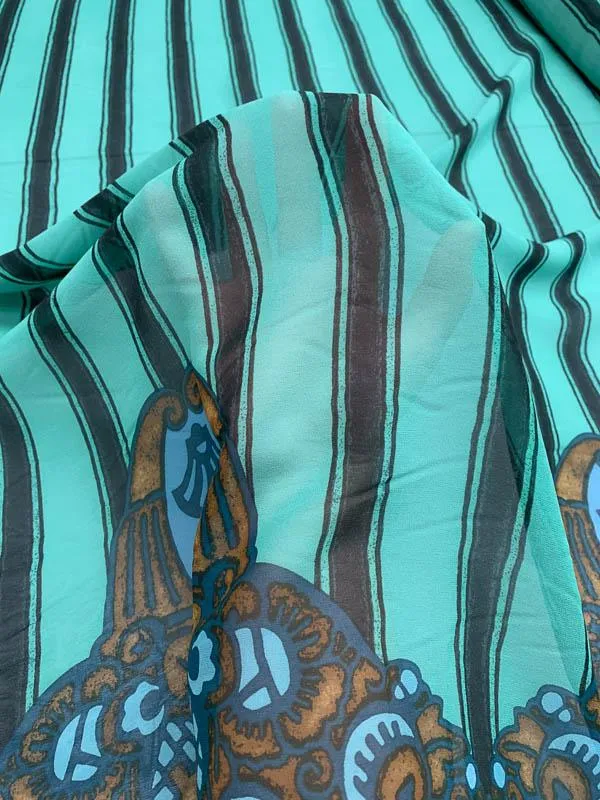 Anna Sui Striped Border Pattern Printed Silk Chiffon - Ocean Green / Black / Blue