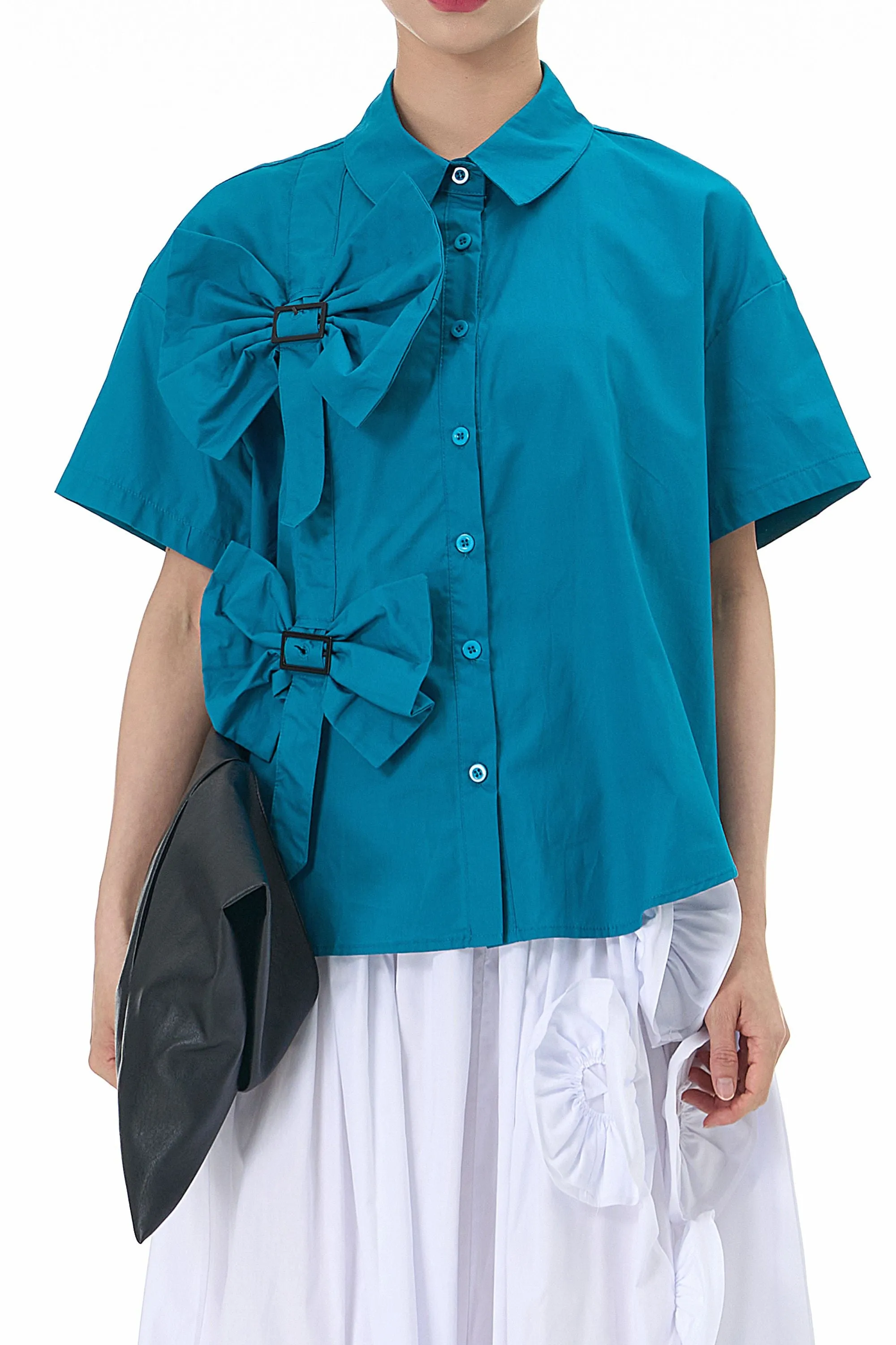 Aqua Blue Bow Cotton Shirt