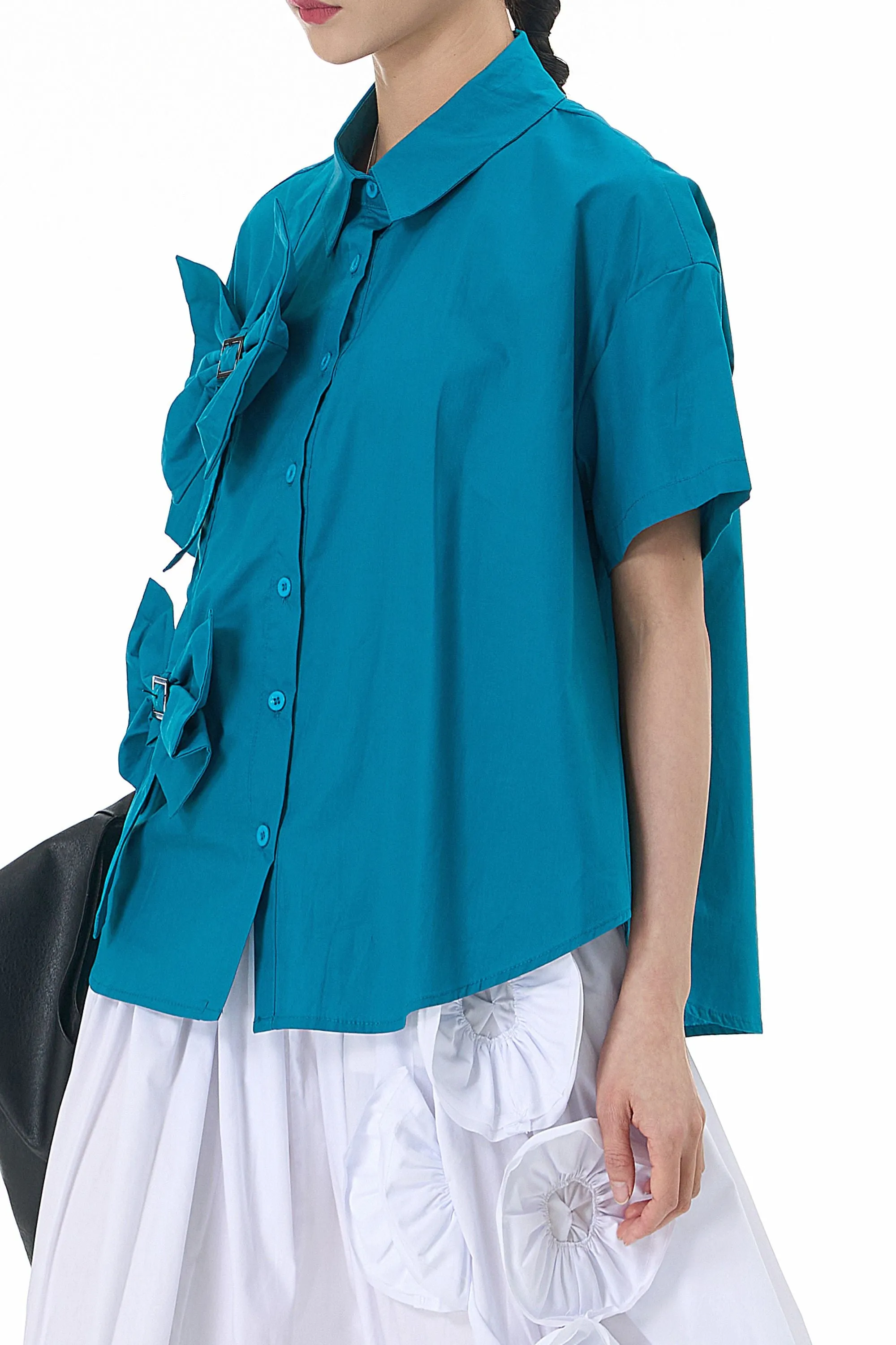 Aqua Blue Bow Cotton Shirt