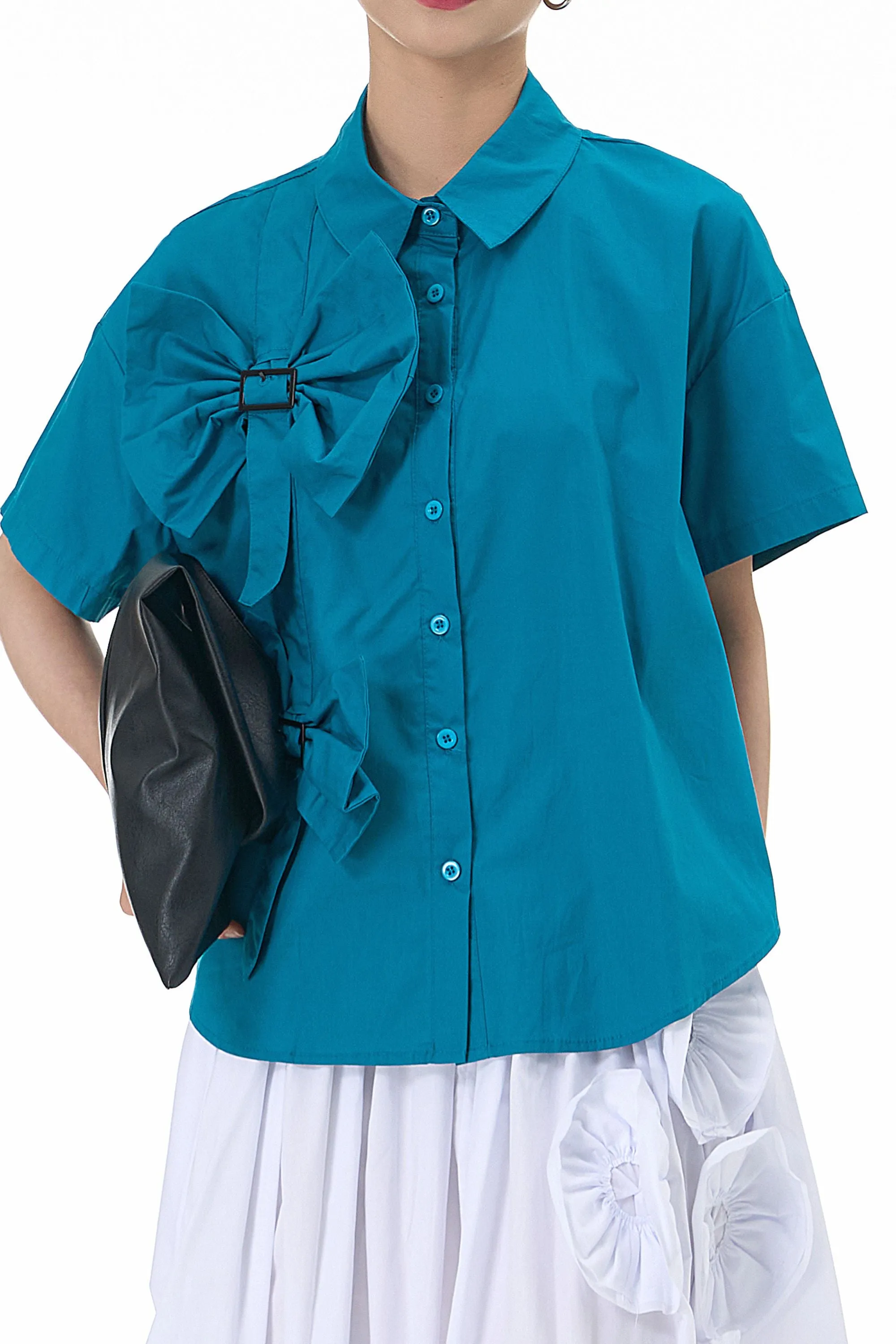 Aqua Blue Bow Cotton Shirt