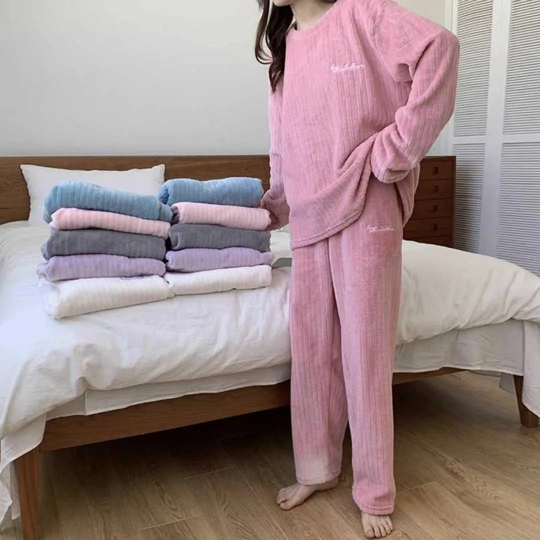 Autumn Winter Women's Korean Fashion Temperament Coral Fleece Warm Pajamas Set Thick Plus Velvet Sweet Comfortable Breathable Casual Homewear