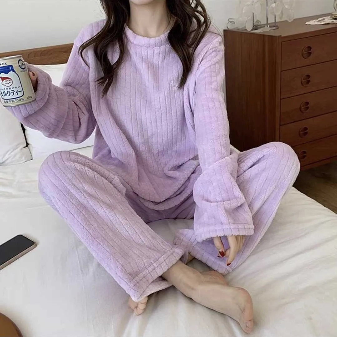 Autumn Winter Women's Korean Fashion Temperament Coral Fleece Warm Pajamas Set Thick Plus Velvet Sweet Comfortable Breathable Casual Homewear