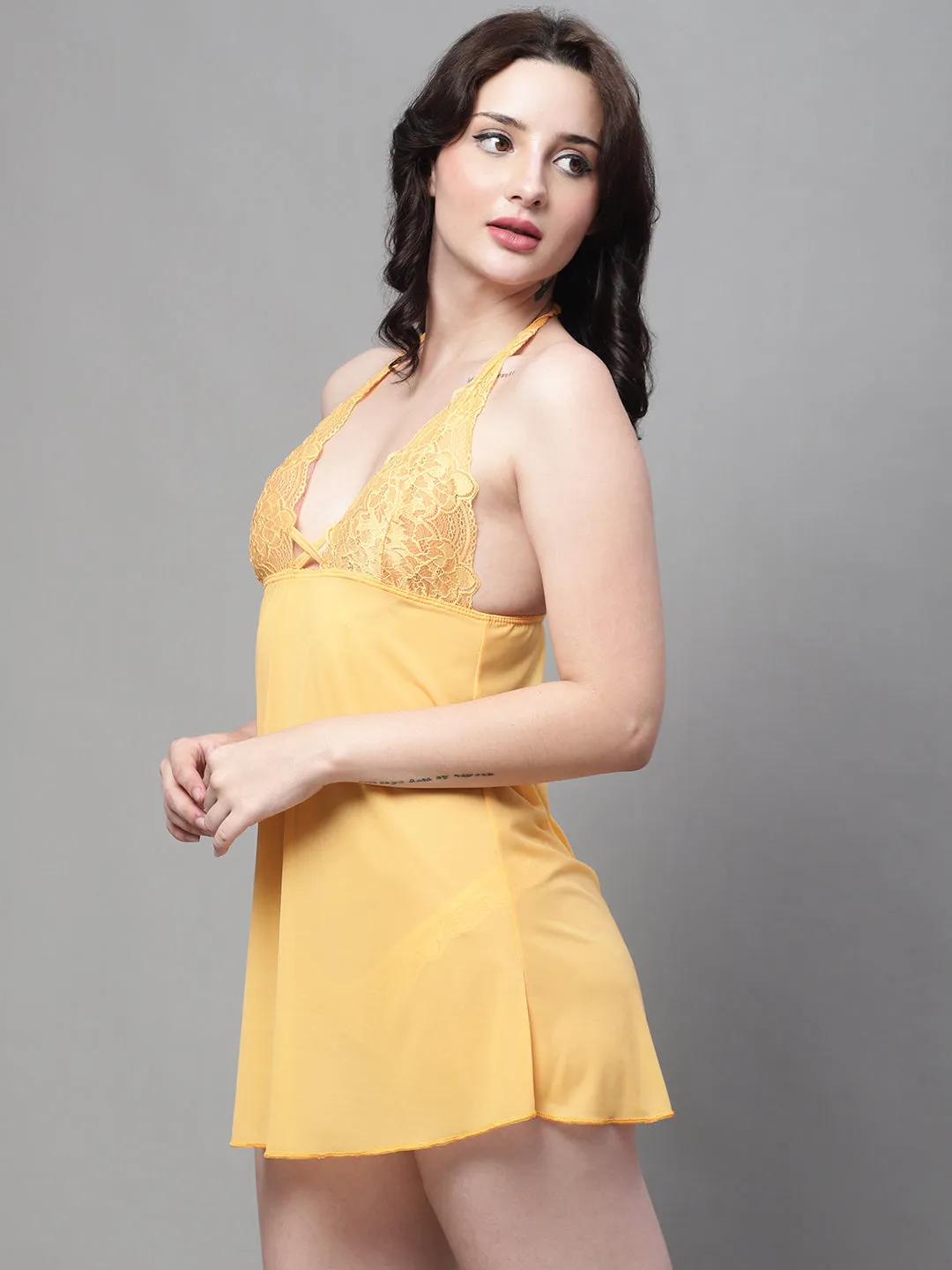 Babydoll Overall Net Backless Dress - Yellow