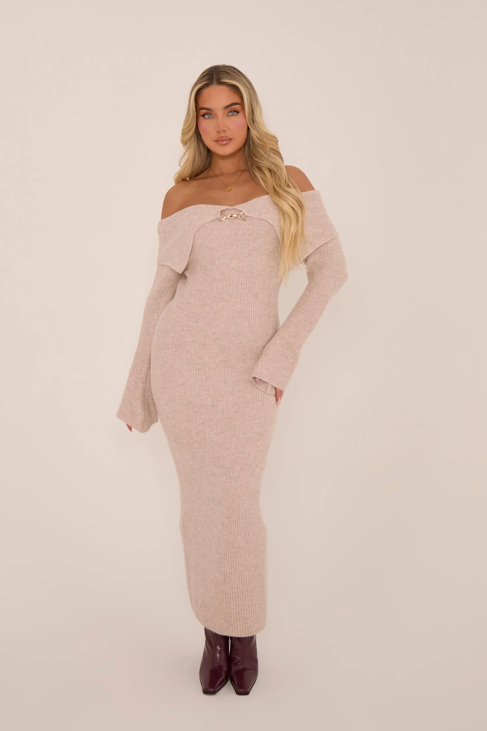 Beige Premium Knit Fold Down Midi Dress - Celia