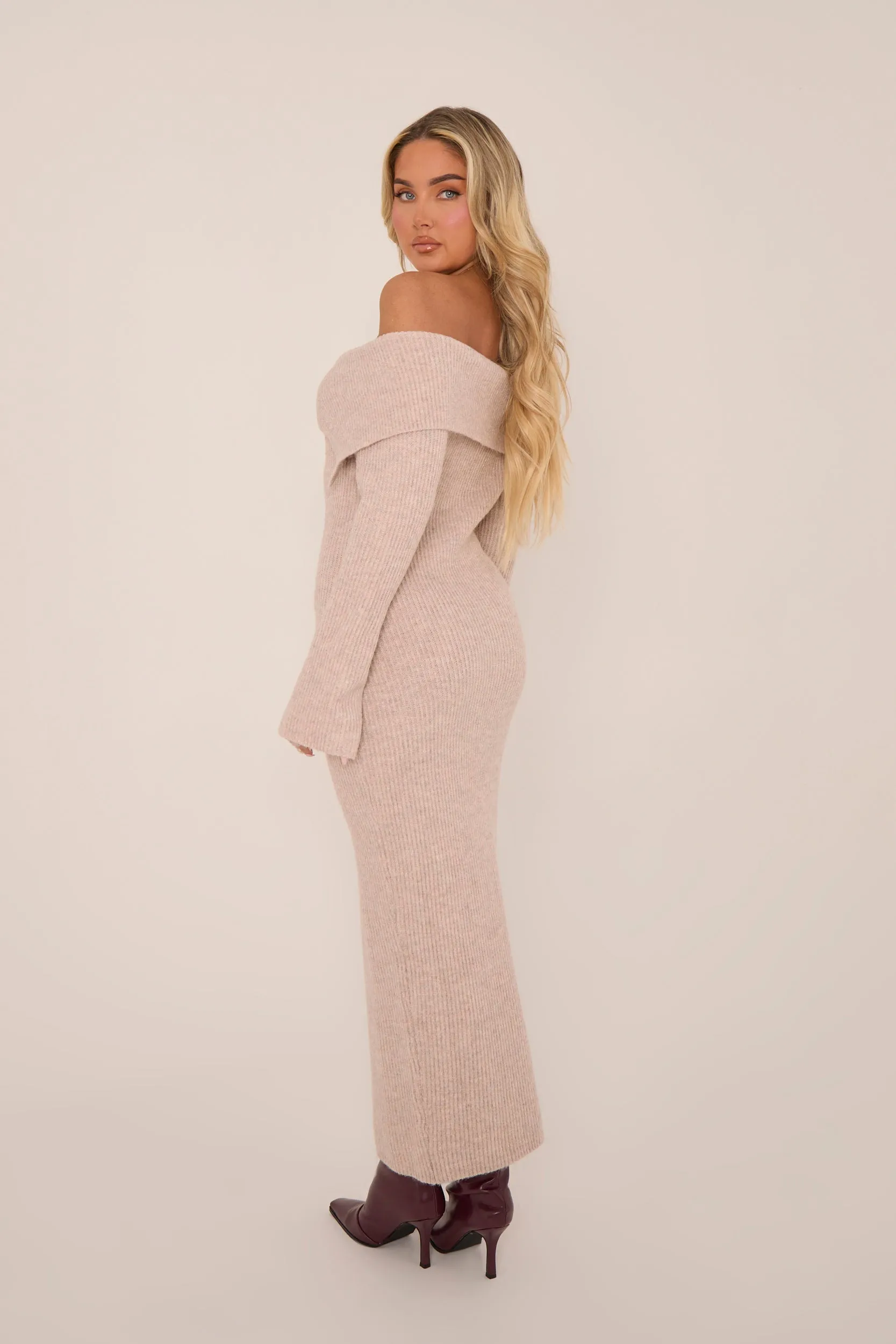 Beige Premium Knit Fold Down Midi Dress - Celia