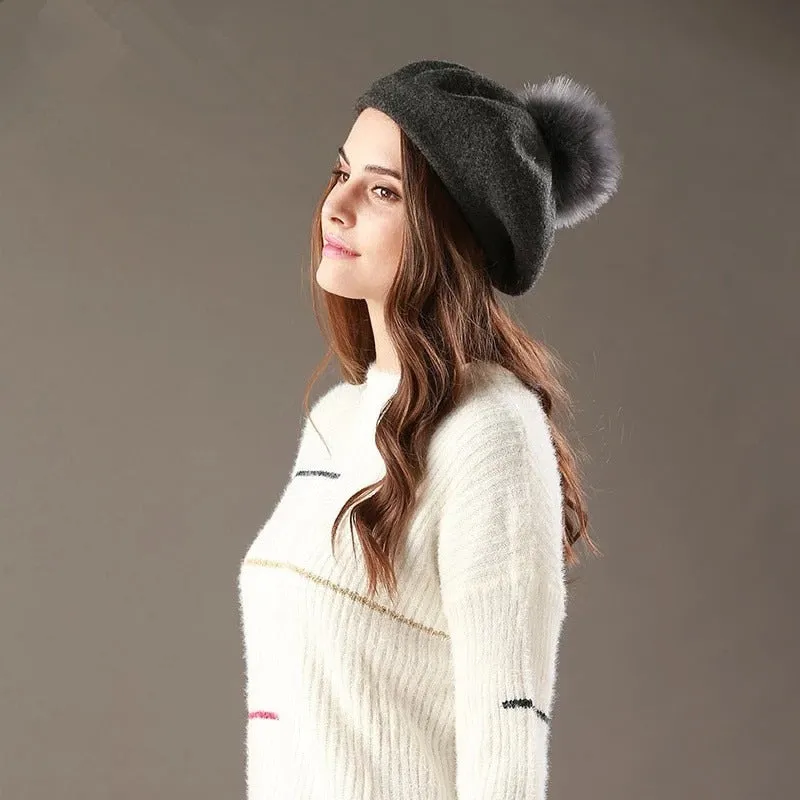 Beret Hat Women Winter Knitted Wool Cap Pompom Hat Solid Color