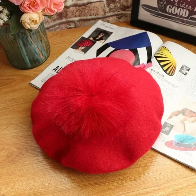 Beret Hat Women Winter Knitted Wool Cap Pompom Hat Solid Color