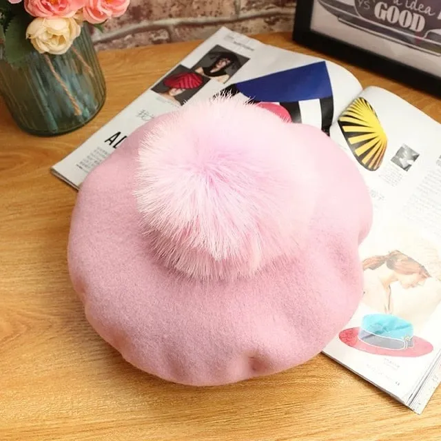 Beret Hat Women Winter Knitted Wool Cap Pompom Hat Solid Color