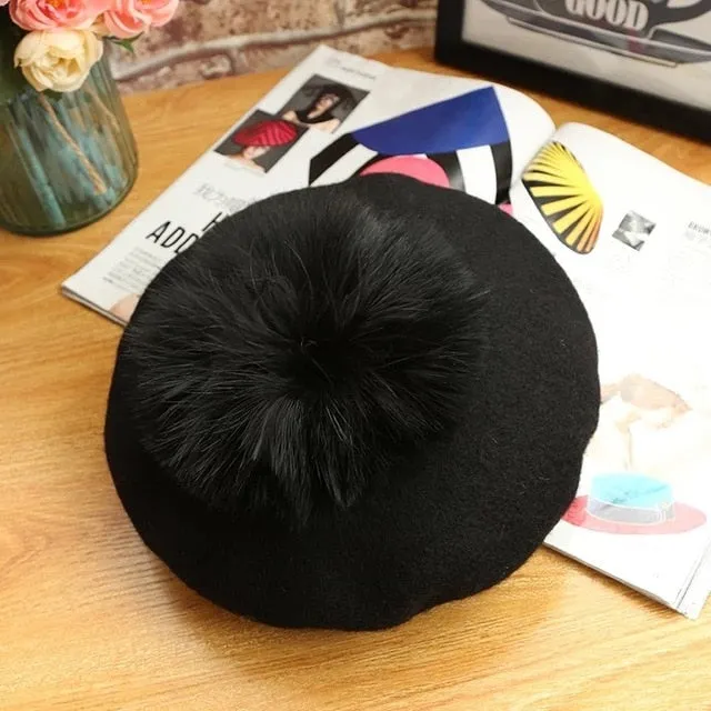 Beret Hat Women Winter Knitted Wool Cap Pompom Hat Solid Color