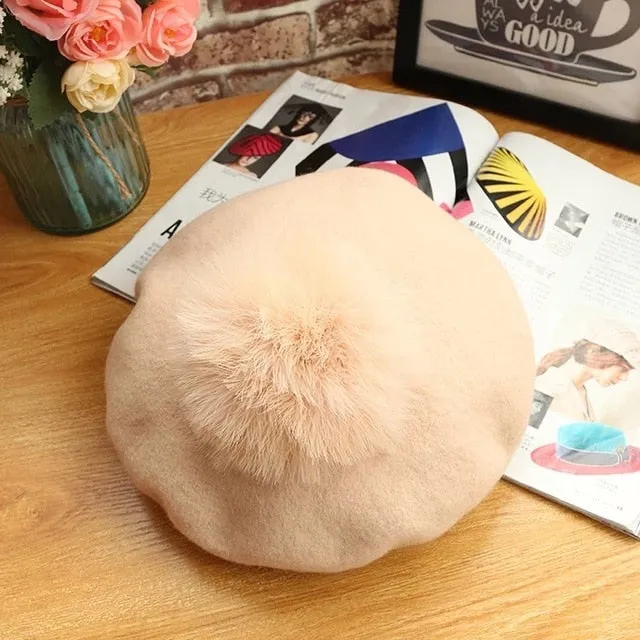 Beret Hat Women Winter Knitted Wool Cap Pompom Hat Solid Color