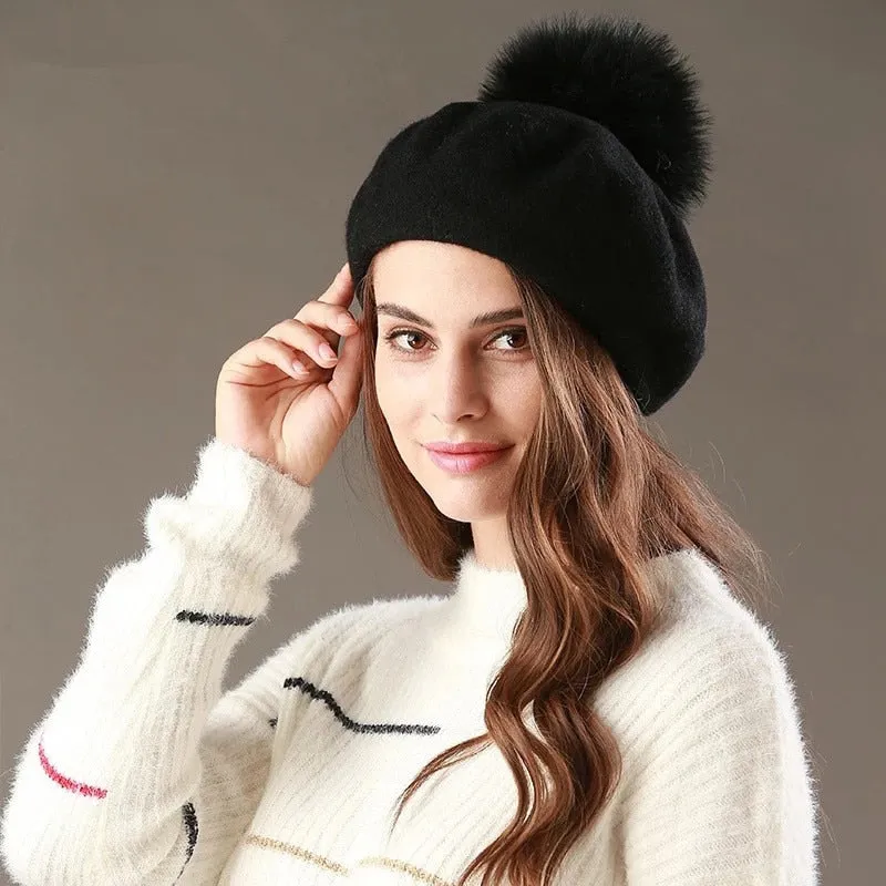 Beret Hat Women Winter Knitted Wool Cap Pompom Hat Solid Color