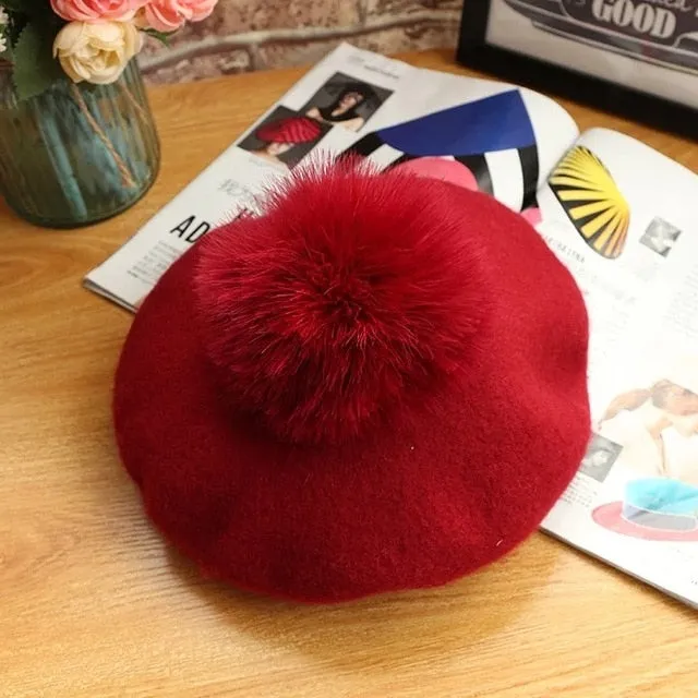 Beret Hat Women Winter Knitted Wool Cap Pompom Hat Solid Color