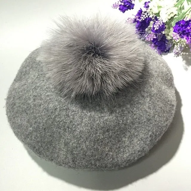 Beret Hat Women Winter Knitted Wool Cap Pompom Hat Solid Color