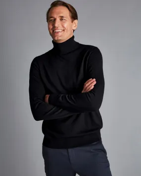 BLACK PURE MERINO ROLL NECK JUMPER