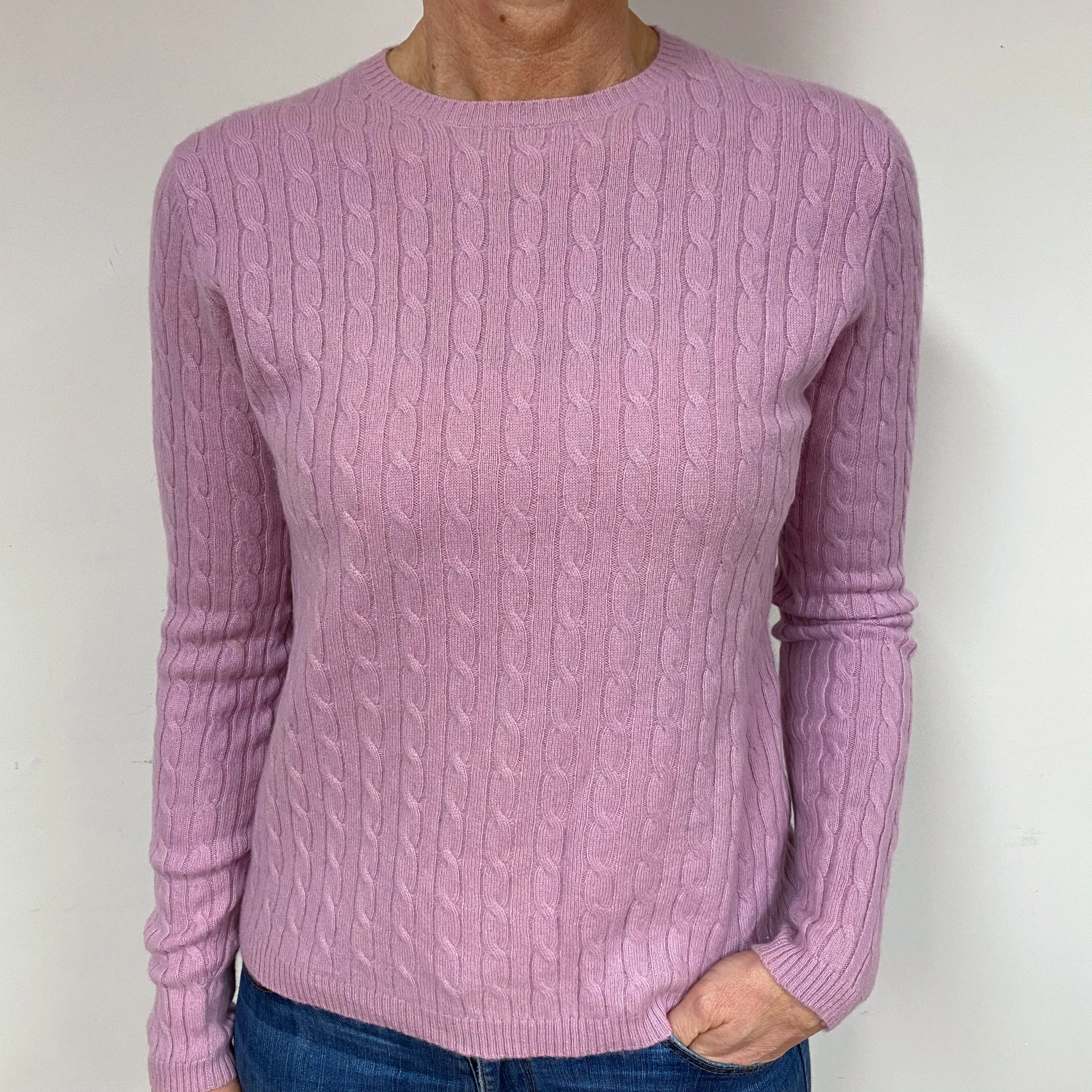 Blush Pink Cashmere Crew Neck Cable Knit Jumper Medium