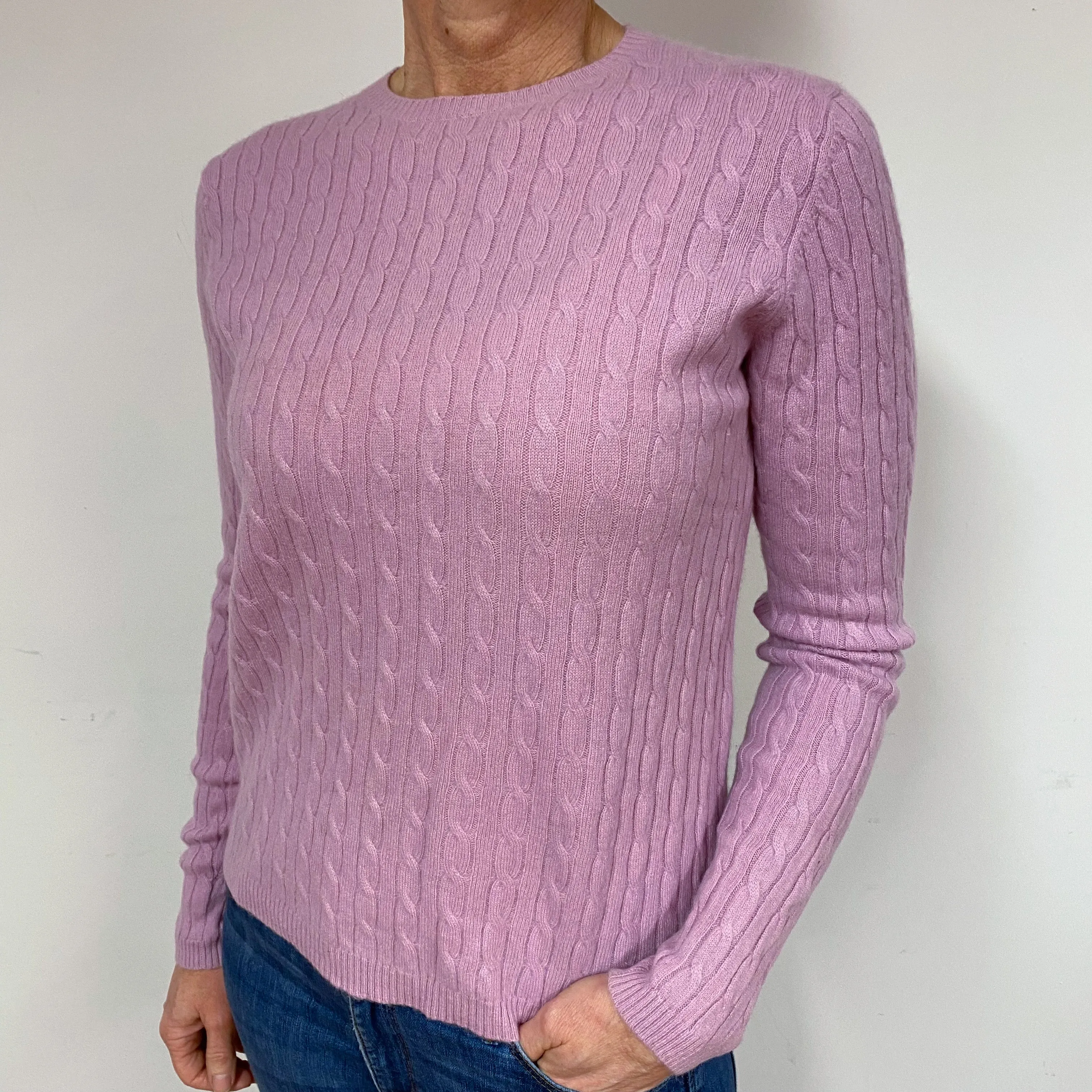 Blush Pink Cashmere Crew Neck Cable Knit Jumper Medium