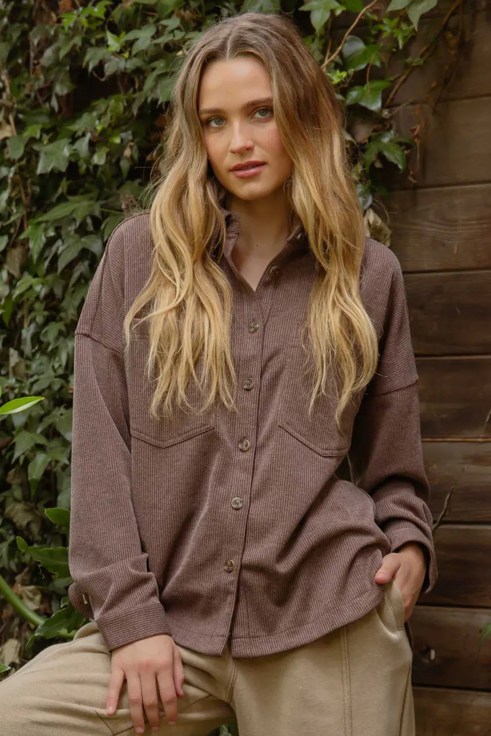 BROWN OVERSIZED PINSTRIPE COLLARED BUTTON DOWN SHACKET