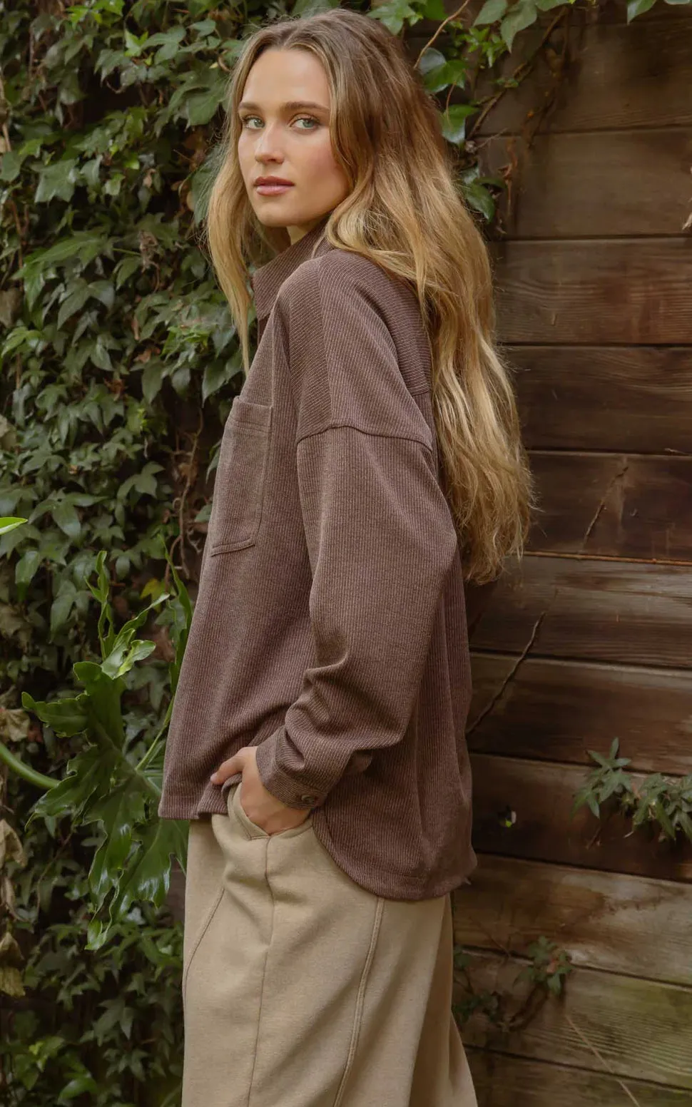 BROWN OVERSIZED PINSTRIPE COLLARED BUTTON DOWN SHACKET