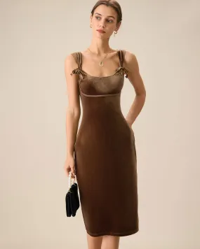 Brown Velvet Bodycon Midi Dress