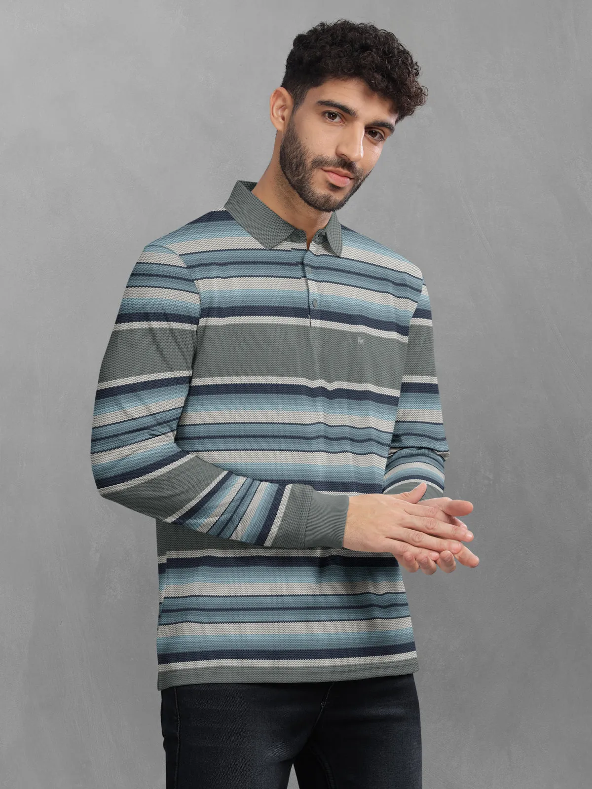 BULLMER Sky blue Striped Textured Printed Polo Neck FullSleeve T-shirt With Rib For Men